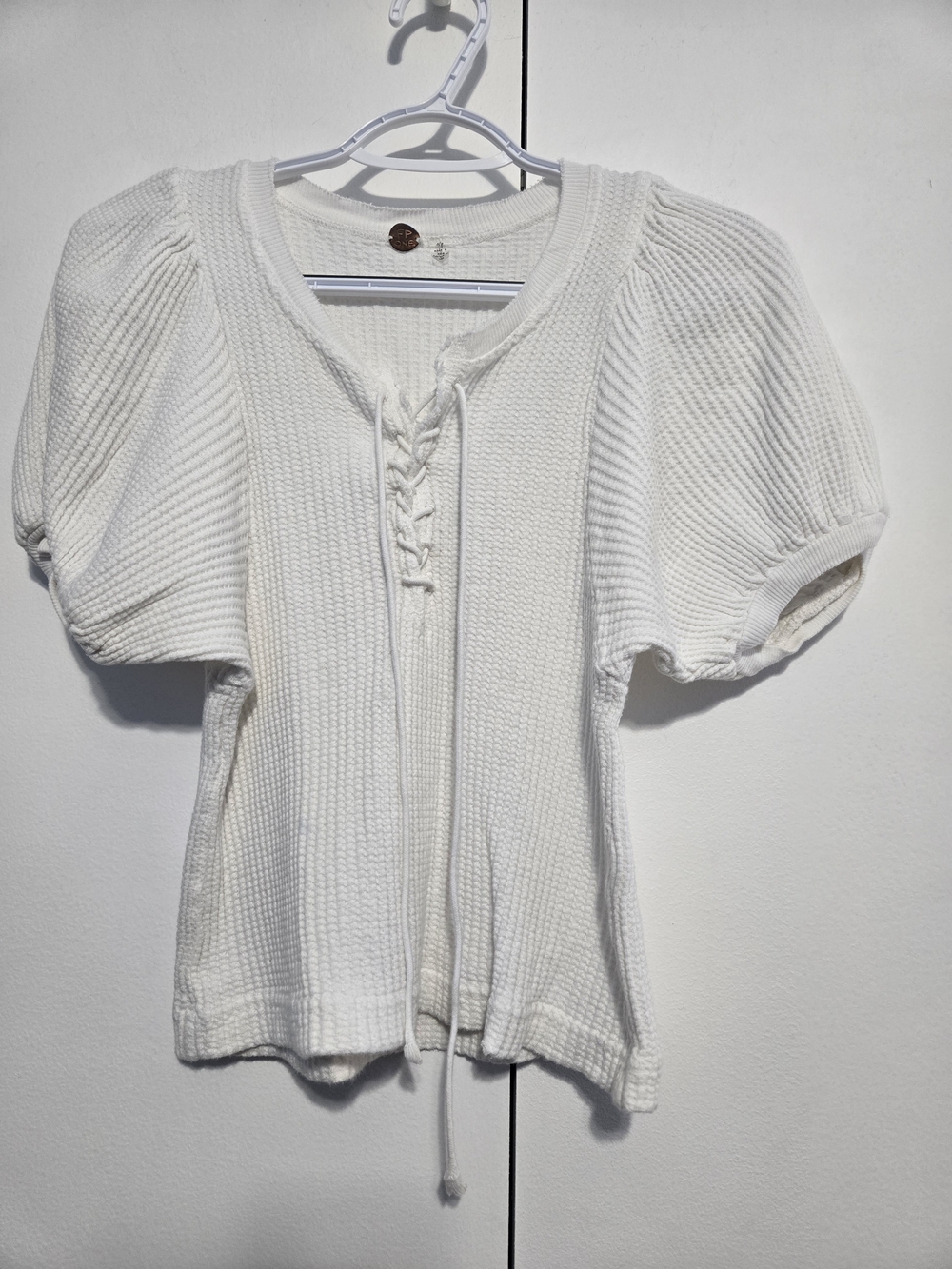 FP One White Waffle Knit Lace Up Puff Sleeve Top Small Boho Cotton